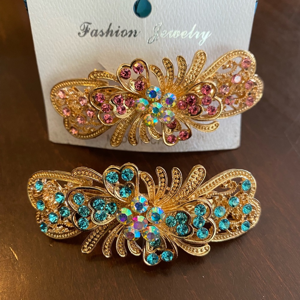 Two Rose Gold Hair Clips with Pink and Blue Rhinestones New